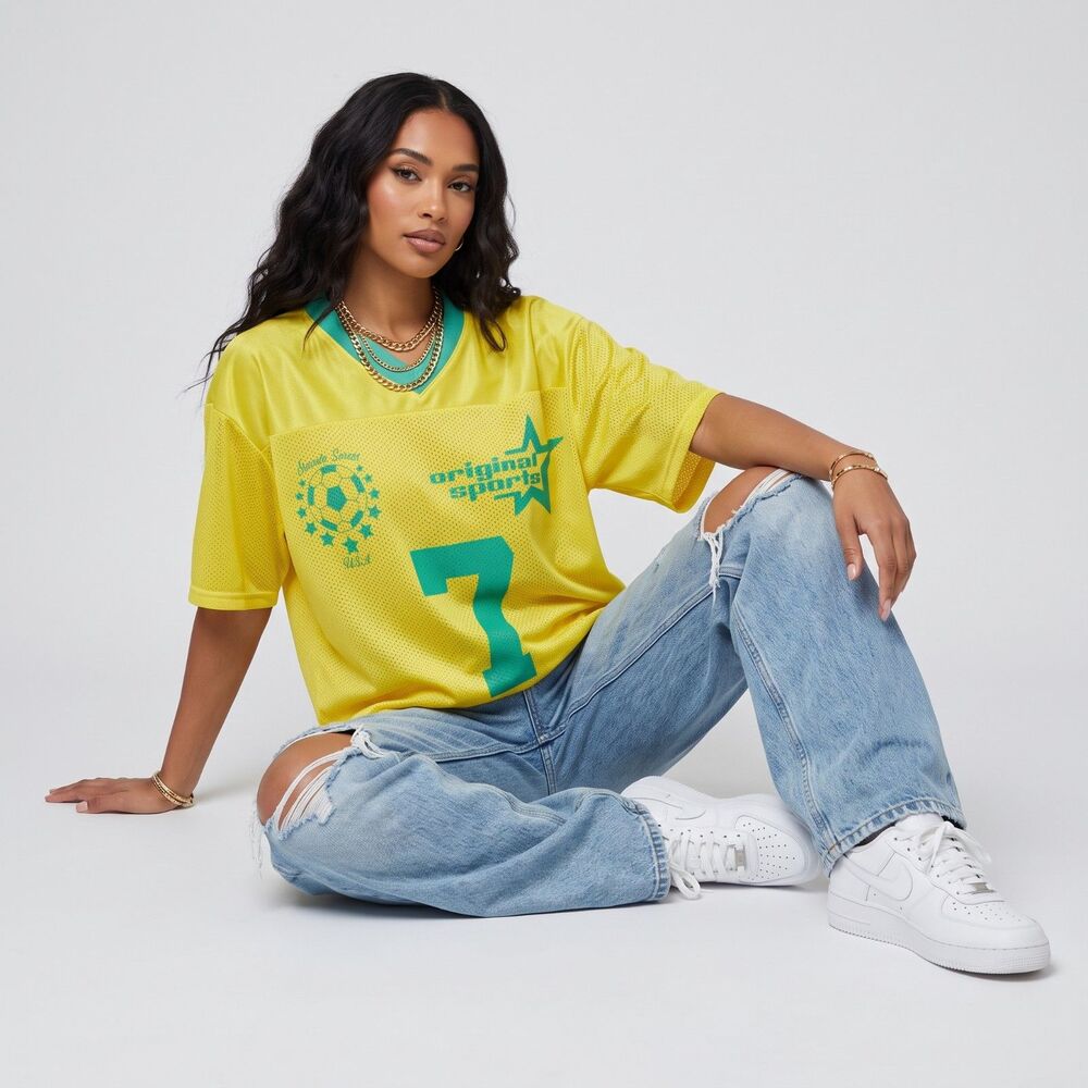 Urban Outfitters Soccer Jersey Oversized Blokecore Graphic Mesh Yellow S/M